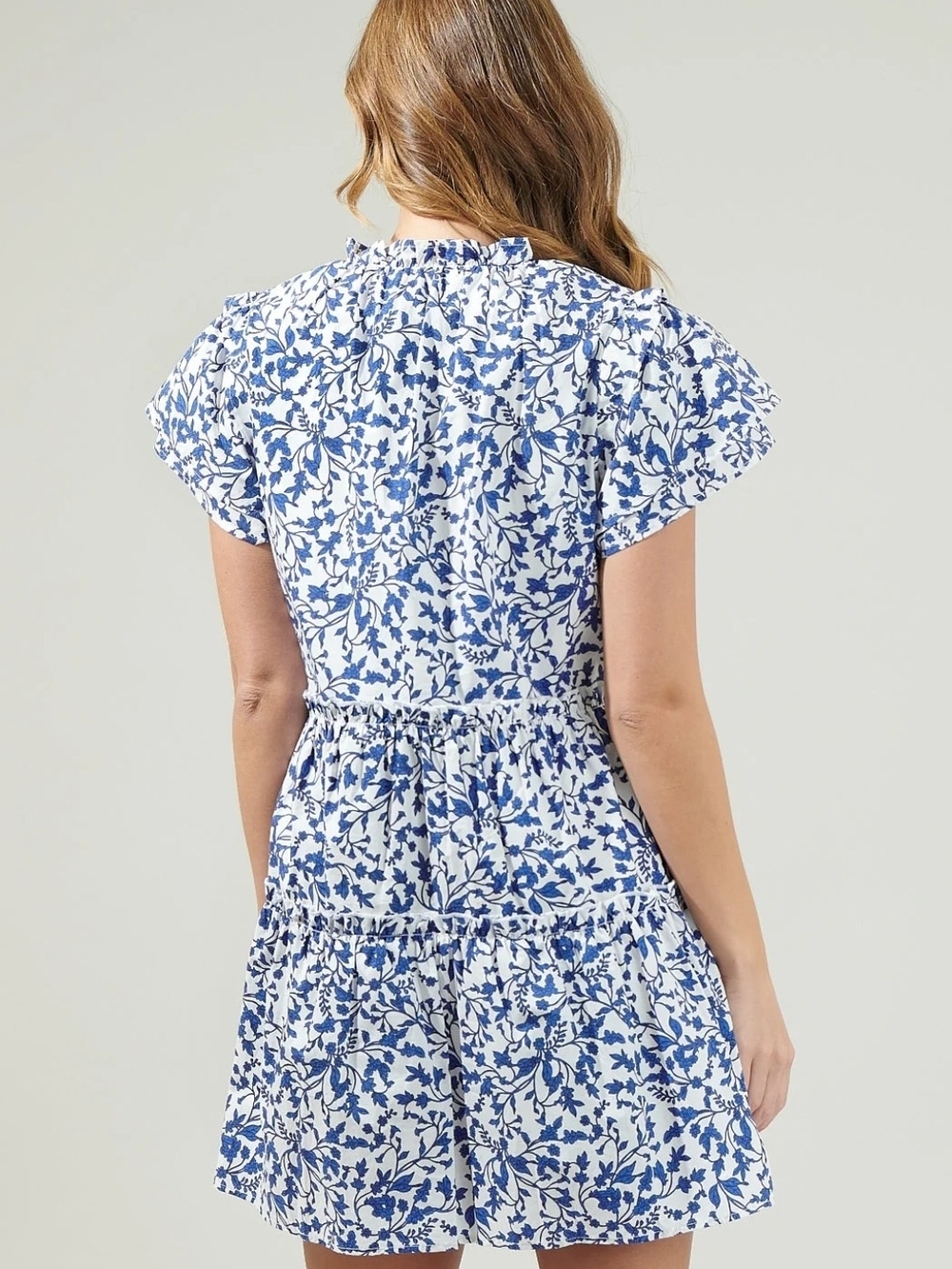 Sugarlips Blue & White Floral Tie-Neck Smocked Mini Dress - Picture 3 of 3